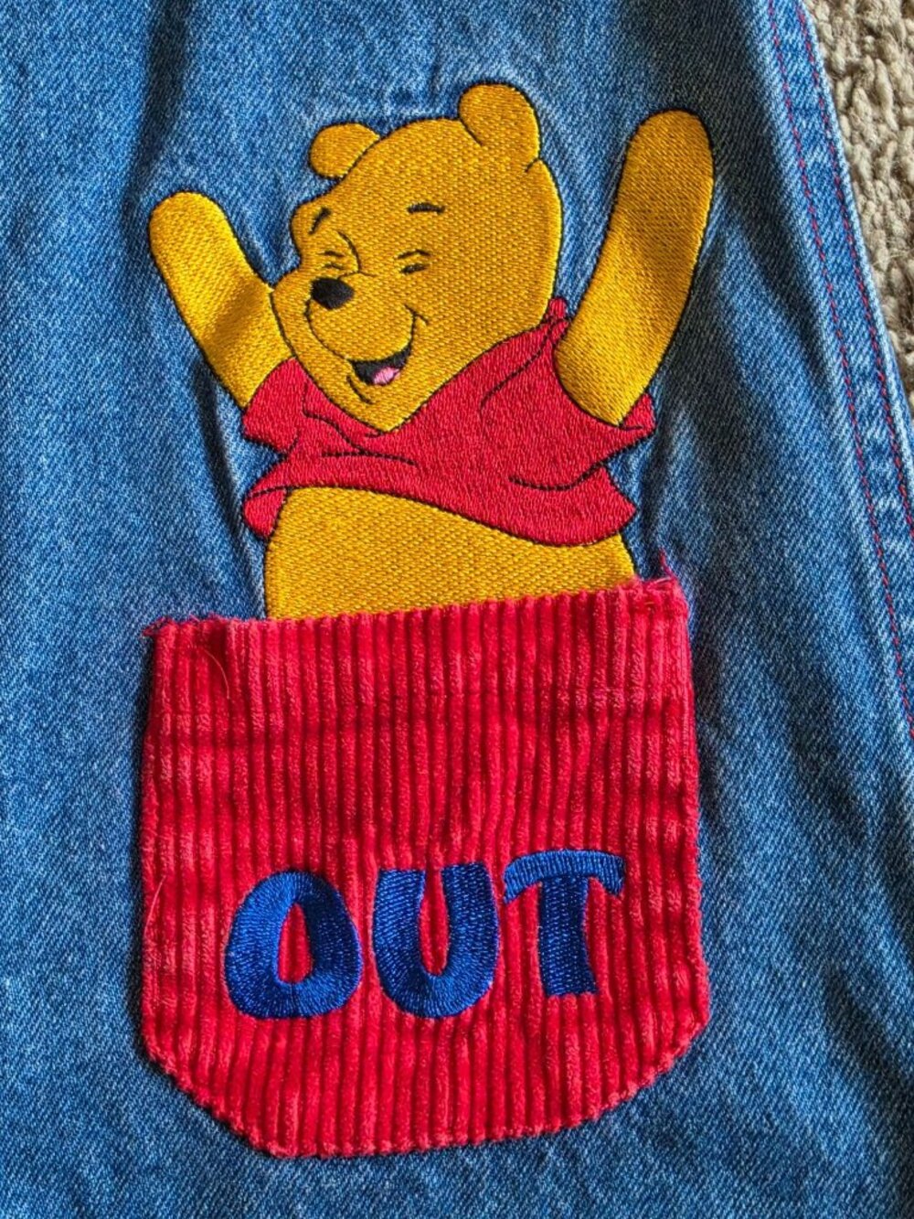 VTG 90s Disney Winnie the Pooh Denim Romper Jumpsuit 18M Bentex In Out Coverall - Picture 4 of 12